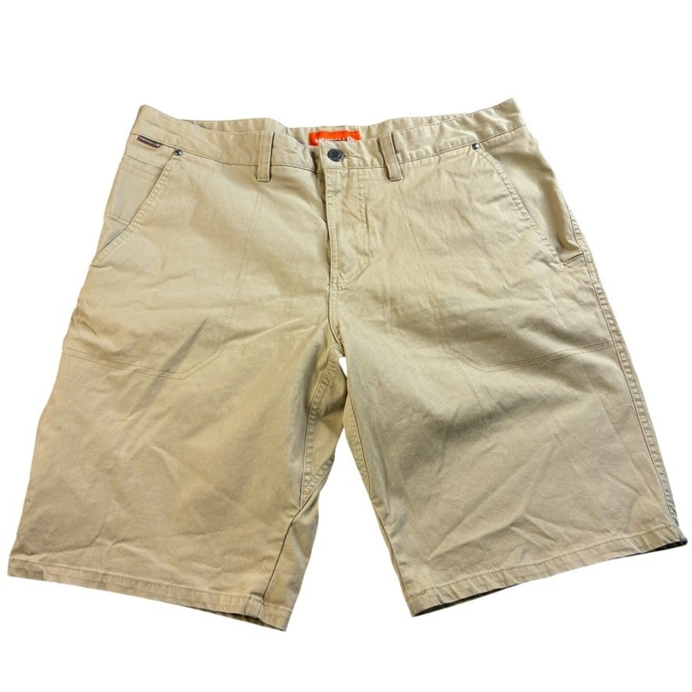 Merrell Mens Khaki Utility Hiking Shorts Sz 36 Tan Cotton Blend Stretch Side Zip